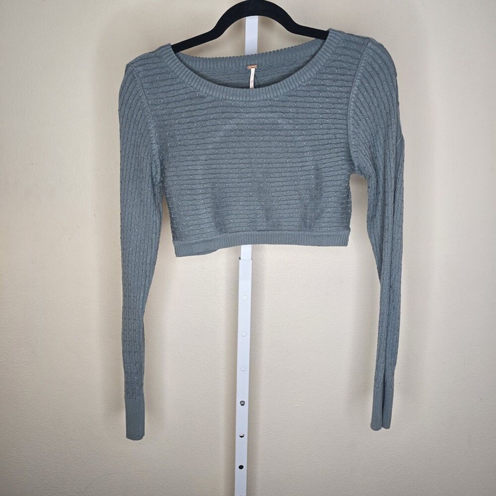 Free People On The Town Crop Sweater Small Ribbed Knit Long Sleeve Steel Blue